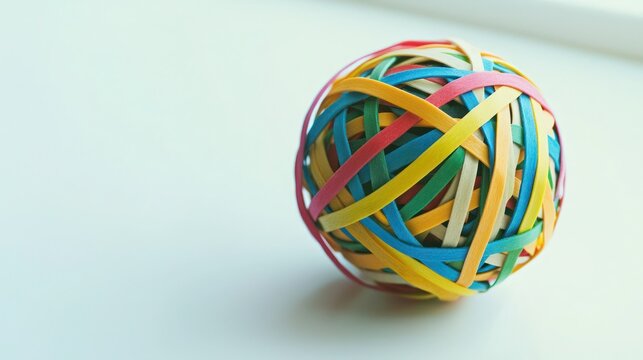 A rubber band ball resting on a white surface.