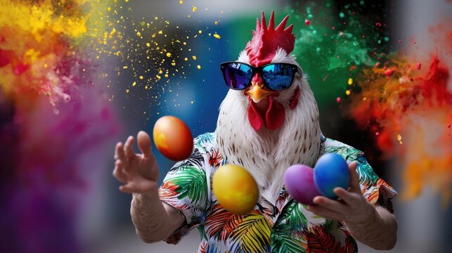 A chicken wearing sunglasses and holding a bunch of eggs