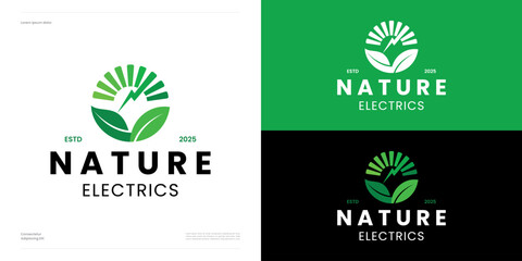 Green leaf with thunderbolt sign integrated with half sunburst for natural power electric, Symbol circle leaves with lightning for energy or ecology nature and creative brand identity business