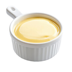 Close-up of a white ceramic ramekin filled with smooth, melted yellow butter or sauce, on transparent background for culinary or food presentation use.
