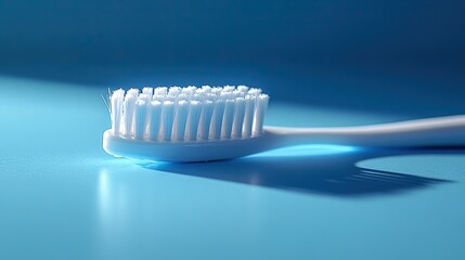 Representing oral hygiene and daily routine, a white plastic toothbrush with white bristles floats on a light blue background, casting a shadow on a light blue surface.