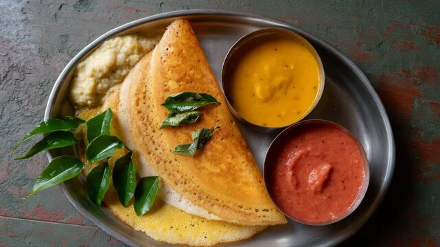 Delicious dosa with chutney and sambar, garnished with curry leaves, feast of South Indian cuisine on vibrant plate.