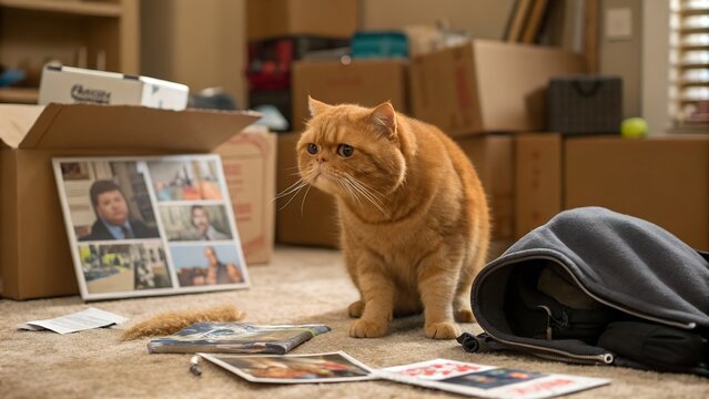 An orange Exotic Shorthair cat with a distinctively flat face sits amidst the clutter of what appears to be a moving or unpacking scene. The cat is positioned on a carpeted floor,