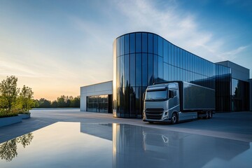 Obraz premium Modern building surrounded by large puddles, parked truck, sleek architecture