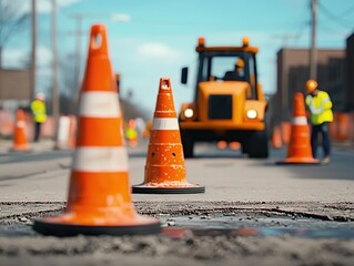 Road construction work urban street image of machinery clear skies ground level infrastructure development
