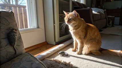 n orange tabby cat sits alertly on a rug inside a home, bathed in bright sunlight streaming through a nearby glass door or window. The cat looks intently towards the right side of the fra