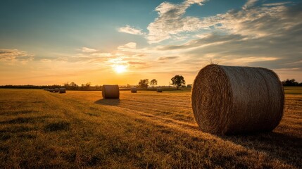 Rural farm landscape hay bales roll under golden sunset.