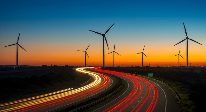 Illuminated Highway with Wind Turbines at Dusk Featuring Orange and Blue Sky Offering Sustainable Energy