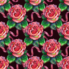 Seamless floral pattern with of red roses. Hand drawn illustration.