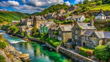 Picturesque stone houses line a vibrant river, nestled in a verdant hillside village