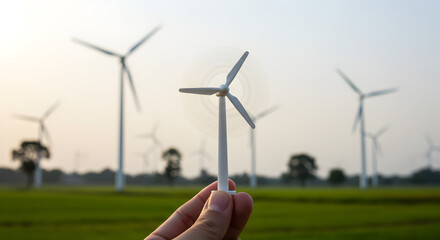 Hand Holding a Toy Wind Turbine with Blurred Wind Farm Background in Daytime
