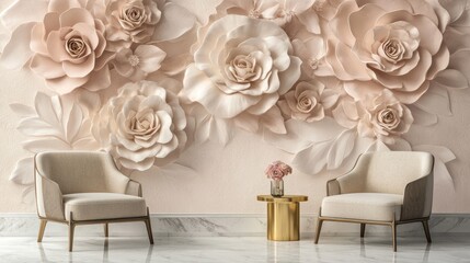Elegant rose wall art, living room, chairs, table, interior design