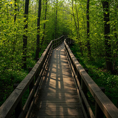 A wooden boardwalk winds through a lush forest with vibrant green leaves and dappled sunlight