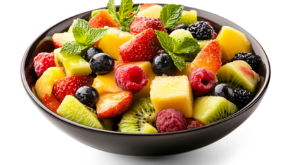 Fresh fruit salad with mixed berries, kiwi slices, melon chunks, mint garnish, healthy food, vibrant colors, juicy, isolated PNG, transparent background