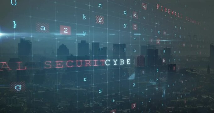 Cybersecurity overlay showing floating code grid over skyline, highlighting warning texts