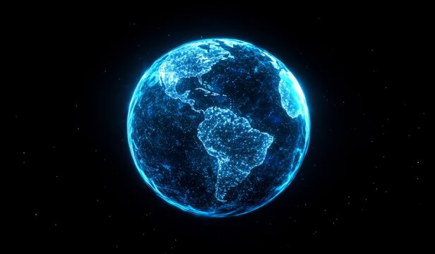 Digital representation of Earth.  Detailed network of light traces outlining continents, centered in dark space