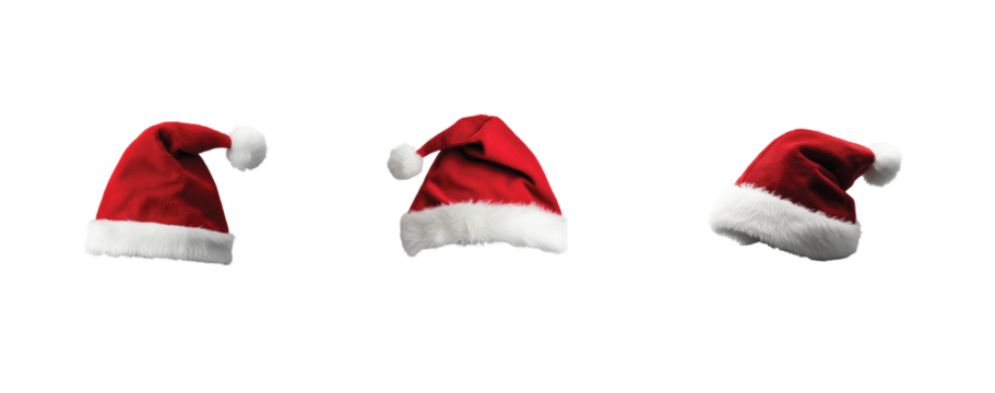 Santa hats with fluffy white trim in various festive styles for christmas celebrations