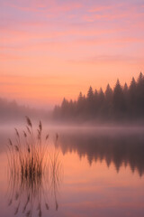 A serene lake at dawn surrounded by evergreen trees, with mist gently rising from the water, creating an ethereal and peaceful atmosphere perfect for relaxation.