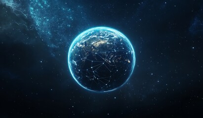 Fototapeta premium Global interconnectedness in space. A digital representation of Earth, highlighted by glowing connections illustrating global communication and interconnectedness