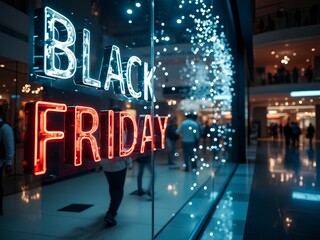 Neon sign Black Friday, glowing red and blue letters, shopping mall interior, twinkling Christmas lights, reflective glass storefront, blurred background, night atmosphere, retail display.