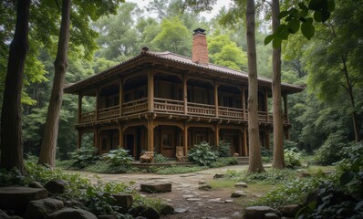 A charming wooden cabin nestled in a lush forest, showcasing rustic architecture and tranquility.