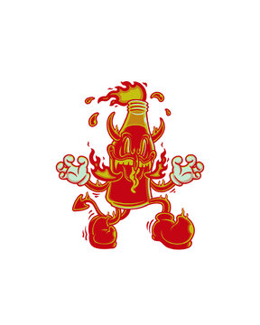 Vintage cartoon illustration of a fiery hot sauce bottle demon with attitude.