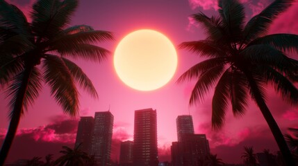 Futuristic cityscape featuring towering skyscrapers surrounded by lush palm trees in a vibrant and dynamic urban landscape