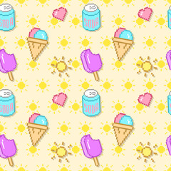 Seamless summer pattern of ice cream, soda can and sun in pixel style on yellow background