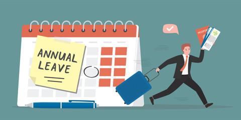 Calendar with annual leave note. Time to vacation, happy businessman with baggage running from office. Annual leave or day off to rest from hard work, schedule reminder