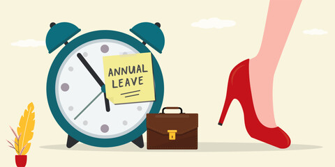 Annual leave note on alarm clock. Businesswoman go away from office. Break, take day off, vacation and relax from hard work, schedule reminder of annual leave.