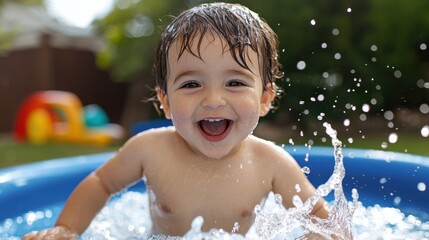 A baby is splashing in a pool and smiling