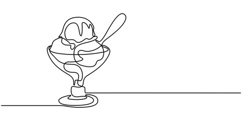 Cocktail glass with ice cream balls in continuous line art drawing style. Black line sketch on white background. Vector illustration, Continuous one line drawing of ice cream scoops on the glass bowl.