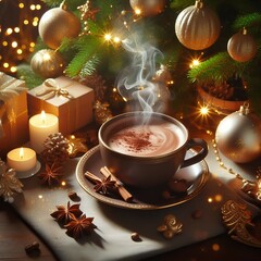Christmas scene, cozy holiday atmosphere, steaming cup of hot cocoa, cinnamon sticks, star anise, golden Christmas ornaments, pine branches, twinkling lights, wrapped gift, glowing candles.