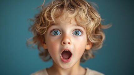 scream surprise and portrait of child in studio for excited announcement or facial expression shocked kid and face of little boy with emoji reaction for secret news or wow by blue background