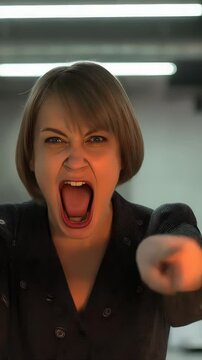 Professional businesswoman expressing intense anger, pointing accusingly in six image collage, displaying workplace conflict and emotional stress