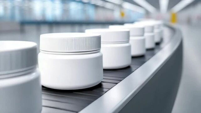 Plastic jars move along automated conveyor belt in sterile manufacturing facility.