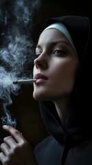 Fototapeta premium A woman is smoking a cigarette while wearing a hoodie