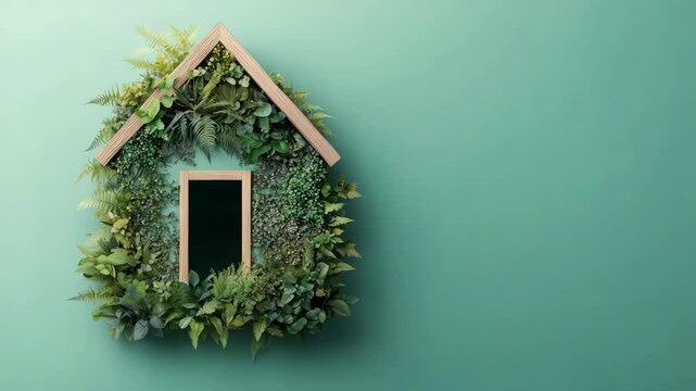 A green house made of grass, wood, and plants on a solid color background. v3