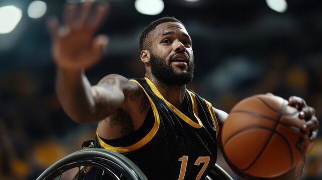 A basketball player in a wheelchair is holding a basketball - Powered by Adobe