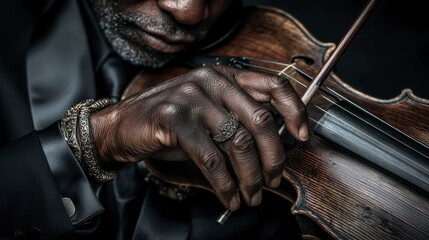 Obraz premium Close up of a man's hands playing a violin, dark background, detailed texture