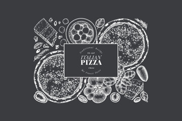 Hand Drawn Vector Pizza Illustration. Retro Cheese Pizza Chalk Board Design Template. Old School Italian Food