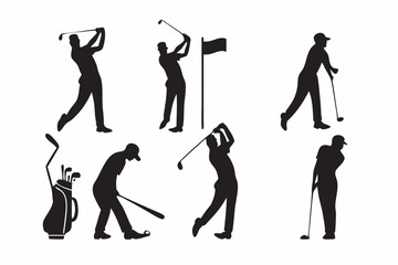 Obraz premium Golf player silhouette set collection of golfers playing black silhouettes on white
