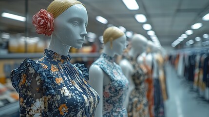 Showcasing the latest fashion trends and representing the upcoming season's collection with a focus on style and design, white plastic mannequins stand in a brightly lit atelier.