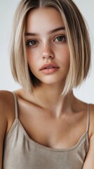 A woman with a short blonde hair and a tan tank top