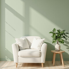 cozy white armchair with soft cushions sits against light green wall, complemented by small wooden table and potted plant, creating serene