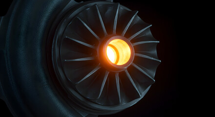 Close Up of a Metallic Automotive Turbocharger with Glowing Orange Interior on Black Background