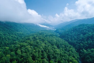 Fototapeta premium wide aerial view shows sprawling green forest juxtaposed beside industrial plant with visible pollution illustrating