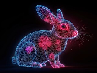 Dynamic neon wireframe rabbit digital art installation futuristic environment artistic perspective