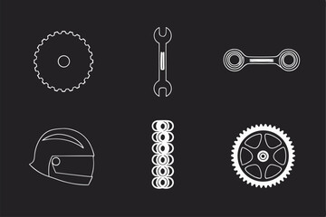 Minimalist vector set featuring motorcycle parts and repair tool outlined in white