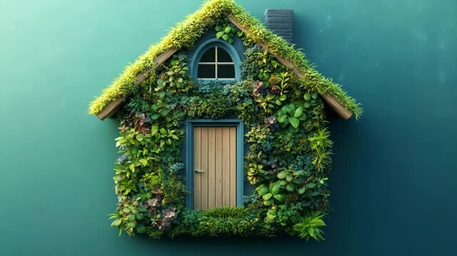 A green house made of grass, wood, and plants on a solid color background. v4
